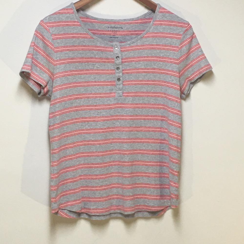 Croft & Barrow Henley Classic Tee Women Large Gray Coral Striped Short Sleeve
